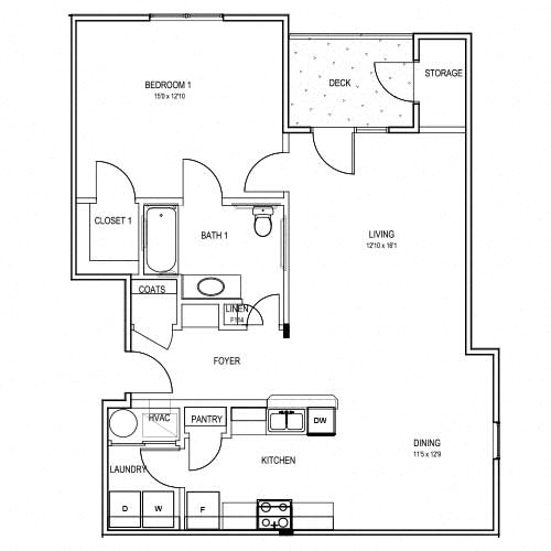 Floor plan for 1 bed, 1 bath, 1012 sqft